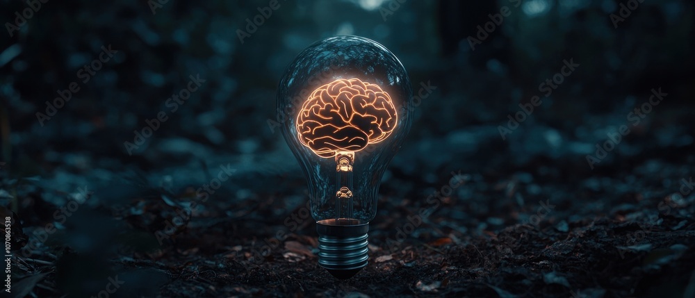 Poster a glowing brain inside a light bulb in a dark forest