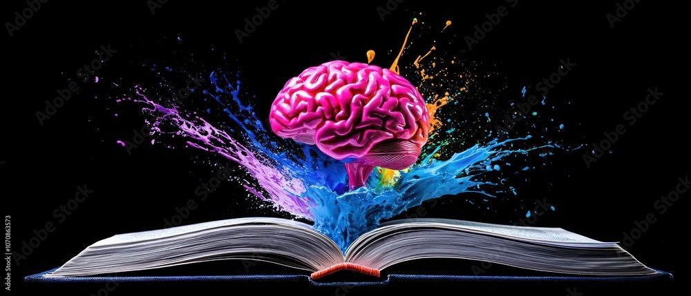 Aufkleber a pink brain surrounded by colorful paint splashes emerging from an open book