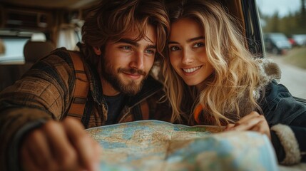 A couple sits inside a vintage van, closely examining a map and smiling at each other. The warm sunlight creates a cheerful atmosphere as they plan their next adventure in nature.