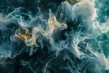Obraz premium An abstract fluid design featuring swirls of teal, white, and gold, creating a mesmerizing oceanic effect full of movement and depth.