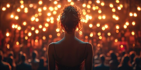 Woman Facing Away from the Crowd with Backlit Lights