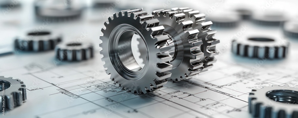 Poster metallic gears resting on a technical drawing