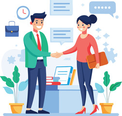 People shaking hands at work - Two businesspeople, man and woman doing handshake in office at work while smiling over business agreement and deal. Flat design stock illustration on white background