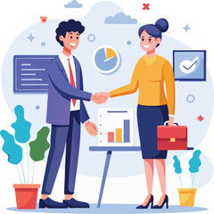 People shaking hands at work - Two businesspeople, man and woman doing handshake in office at work while smiling over business agreement and deal. Flat design stock illustration on white background