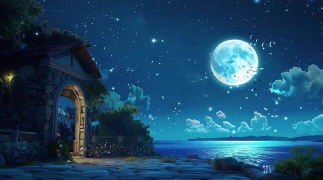 House gate by a calm lake under full moon and glowing night sky
Seamless looping 4k time-lapse virtual video animation Generated AI