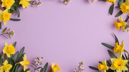 Fototapeta premium Minimal lavender background with floral border. Spring and decorative design concept