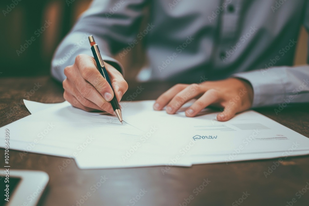 Poster close-up of a person's hand signing a document with a pen.