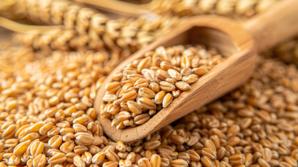 Obraz premium wheat grains close up and wooden scoop with copy space, harvest festival banner with space for text