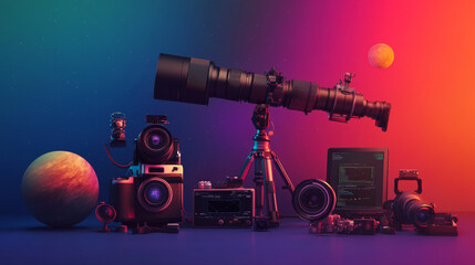 Fototapeta premium Exploring the Universe: A Creative Showcase of Photography and Astronomy Equipment