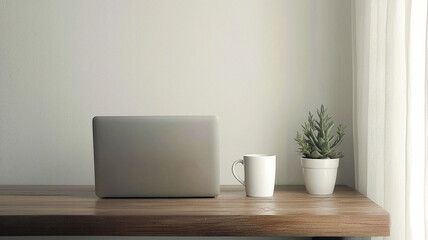 Obraz premium A clean, modern desk setup with a sleek laptop, white coffee cup, and a small succulent on a wooden table, featuring neutral tones and minimalist design