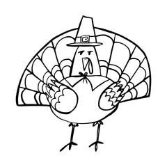 Thanksgiving turkey pilgrim character, doodle drawing, vector illustration, outline, on a white background