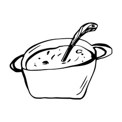 Soup in a pot doodle drawing, sketch, vector illustration, outline, isolated on a white background