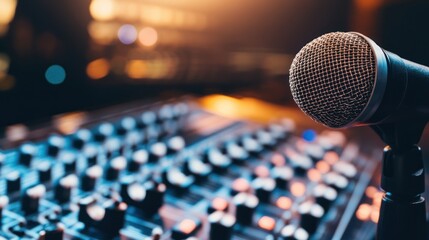 Microphone on a Stand with a Sound Mixing Board in the Background