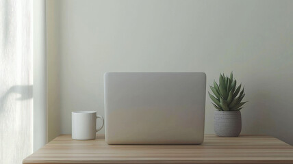 Obraz premium A clean, modern desk setup with a sleek laptop, white coffee cup, and a small succulent on a wooden table, featuring neutral tones and minimalist design