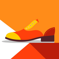 A cartoon drawing of a clown shoe with yellow and orange accents. The shoe is on a white background