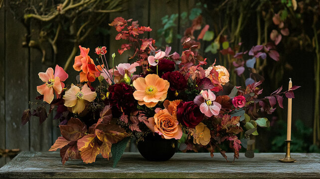 Beautiful autumn flowers bouquet, autumnal botanical home decor and floral arrangement, English countryside style and florist design for floral shop, flower arranging workshop or classes idea