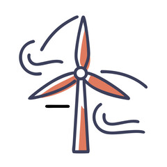 A wind turbine with a blue and red design. The wind turbine is blowing wind and is surrounded by a blue and white background