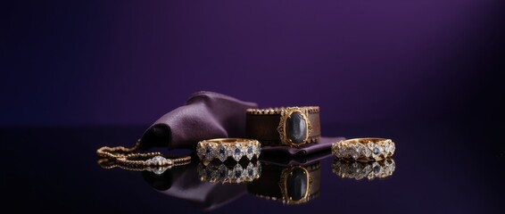 A still life photography of luxury jewelry and accessories on a reflective black surface captured in a professional studio.