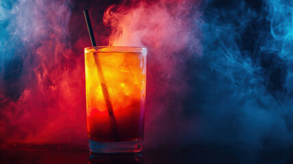 A cocktail on a dark smoky background, emitting a soft glow of light, creating a mysterious and captivating atmosphere