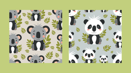 Obraz premium Adorable children's pattern set with cute koalas and pandas with greenery. Cute fluffy animals in children's cartoon style. For characters of children's books, comics, prints.