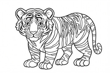 Fototapeta premium A detailed black and white illustration of a tiger, showcasing its distinctive stripes and expressive features, inviting coloring creativity.