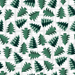 Seamless green lipstick drawn christmas tree pattern on white checkered background, simple minimalistic universal print, stylish holiday decor, vector illustration, repeat festive design, elegant