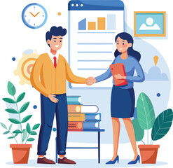 People shaking hands at work - Two businesspeople, man and woman doing handshake in office at work while smiling over business agreement and deal. Flat design stock illustration on white background