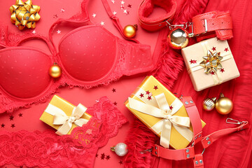 Composition with sexy underwear, sex toys and Christmas gifts on red background