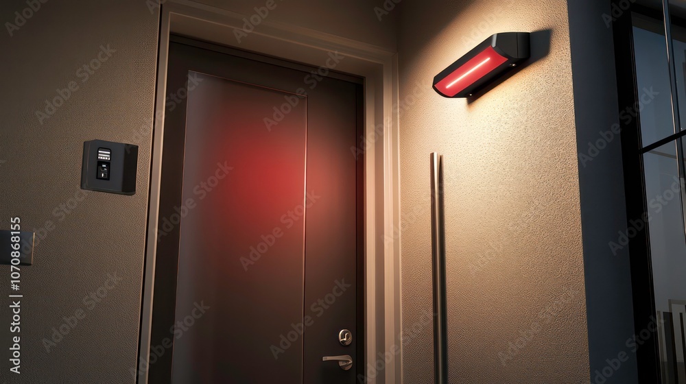 Poster a modern entrance with a door and wall-mounted light, creating an inviting atmosphere.