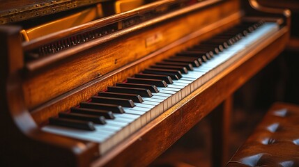 Close-up of the keys of an antique wooden grand piano, with a leather piano stool in the foreground.