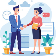 People shaking hands at work - Two businesspeople, man and woman doing handshake in office at work while smiling over business agreement and deal. Flat design stock illustration on white background