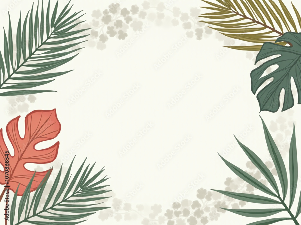 Poster a flat vector illustration design features a banner with botanical elements such as monstera leaves 