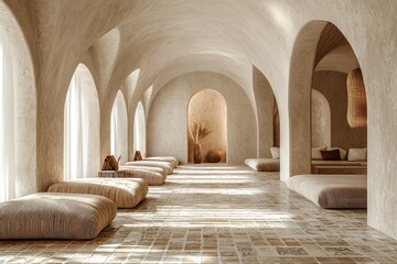 Minimalist Interior with Arched Hallway and Cushioned Seating