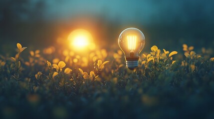 A glowing light bulb in a field of green grass with the sun setting in the background.