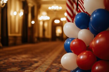 Naklejka premium A festive corridor adorned with red, white, and blue balloons, enhancing the celebratory atmosphere, likely for a national event.
