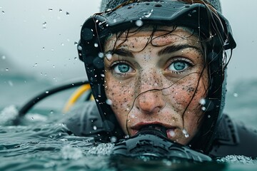 A diver stays afloat in ocean waters, ready to dive. She wears a wetsuit and looks determined, with droplets of water glistening on her face as she gazes ahead, focused on her underwater exploration
