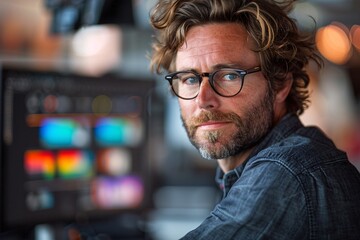 A man with curly hair and glasses sits at a workstation, intently reviewing a vibrant digital design. The creative studio is filled with bright lights and a dynamic atmosphere