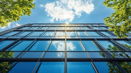 A modern building reflecting clouds and trees, showcasing architecture and nature.