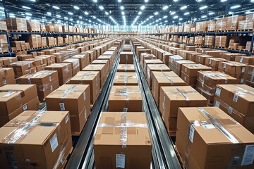 Cardboard Boxes on Conveyor Belts in a Warehouse
