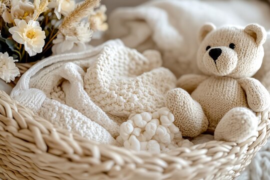 A basket filled with newborn accessories and baby items. A gift basket featuring cotton clothes, muslin swaddle blanket, baby shoes, toys, and teddy bear in soft beige colors