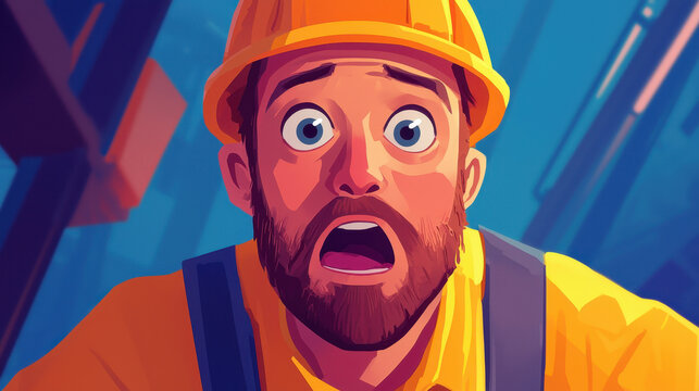 Construction worker with shocked expression, wearing hard hat and safety gear, in vibrant industrial setting. His surprise reflects dangers of job