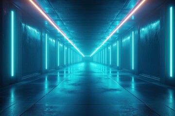 Neon Lights Illuminating a Futuristic Concrete Corridor