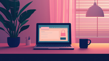 cozy home office setup featuring laptop, plant, and coffee cup, creating warm and inviting workspace atmosphere