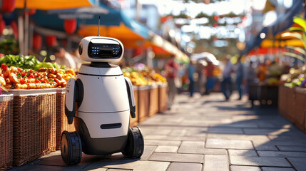 Obraz premium delivery robot stands in vibrant food festival, surrounded by colorful stalls filled with fresh produce and cheerful visitors enjoying atmosphere