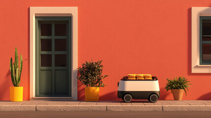 delivery robot parked outside cozy cafe with colorful plants. vibrant orange wall adds charm to scene, creating welcoming atmosphere