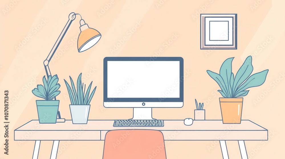 Poster a minimalist workspace featuring a computer, plants, and a lamp on a desk.