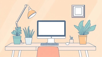 A minimalist workspace featuring a computer, plants, and a lamp on a desk.