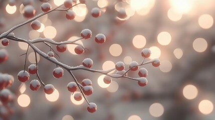 A branch covered in snow and red berries