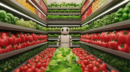 friendly robot assisting shopper in vibrant grocery aisle filled with fresh vegetables and fruits. colorful display creates welcoming atmosphere