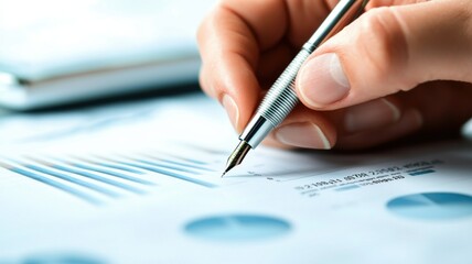 Business professional analyzes data trends with precision using a fountain pen on financial reports